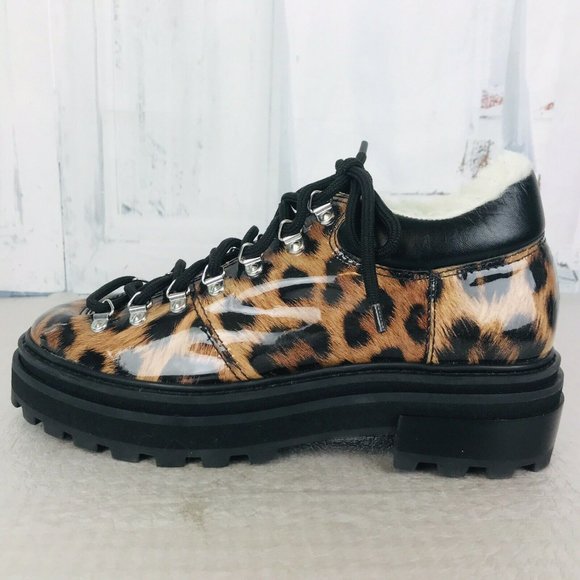 Schutz Lucille Vernizes Leopard Faux Sherling Lined Lace Up Booties - Picture 5 of 7